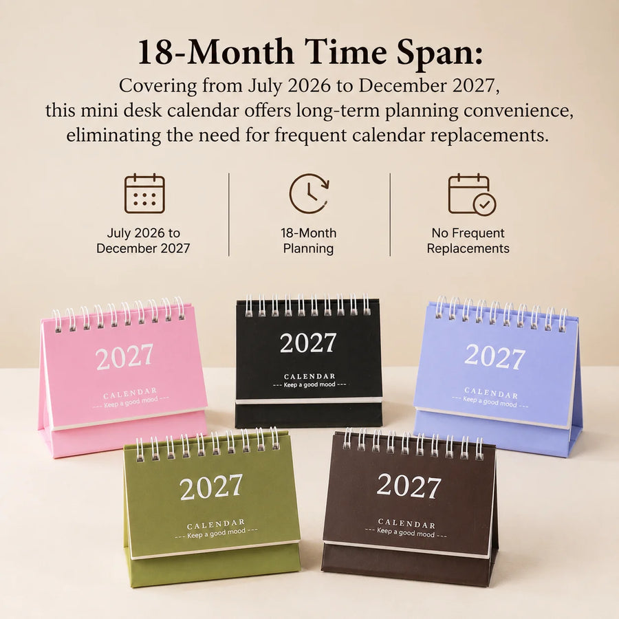 Mini Desktop Calendar — 18-Month Planner and Notepad, Compact Standing Design