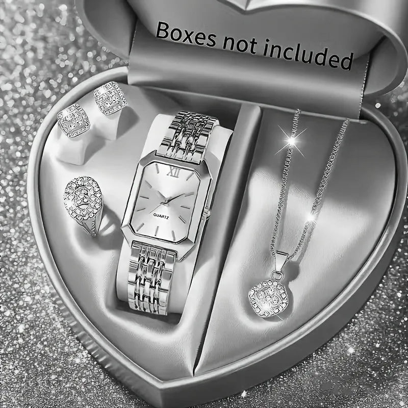 Women's Elegant Rhinestone Jewelry Set — Quartz Watch, Necklace, Ring & Earrings