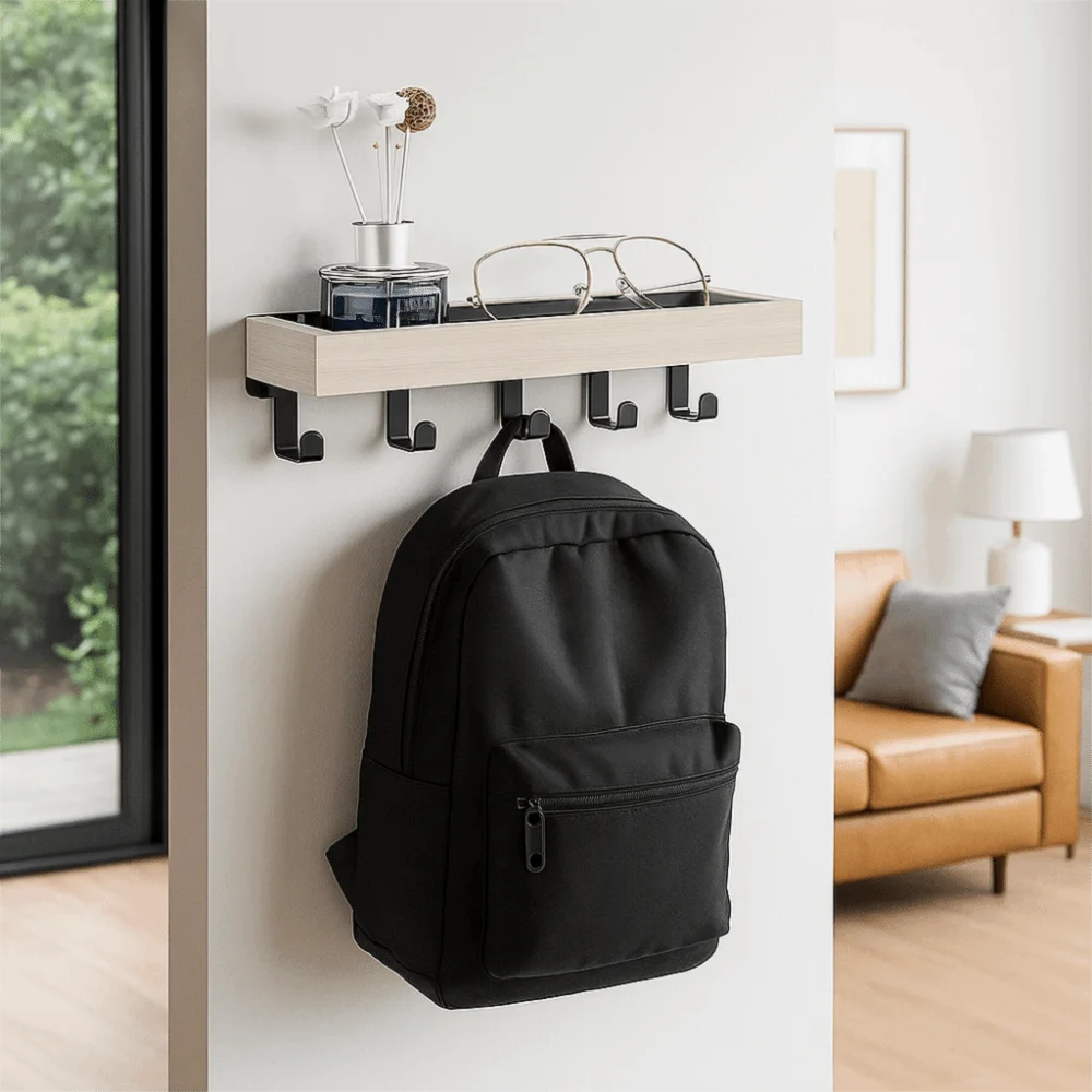 Multifunctional Wooden Key Holder — Wall Mounted Organizer with 6 Hooks