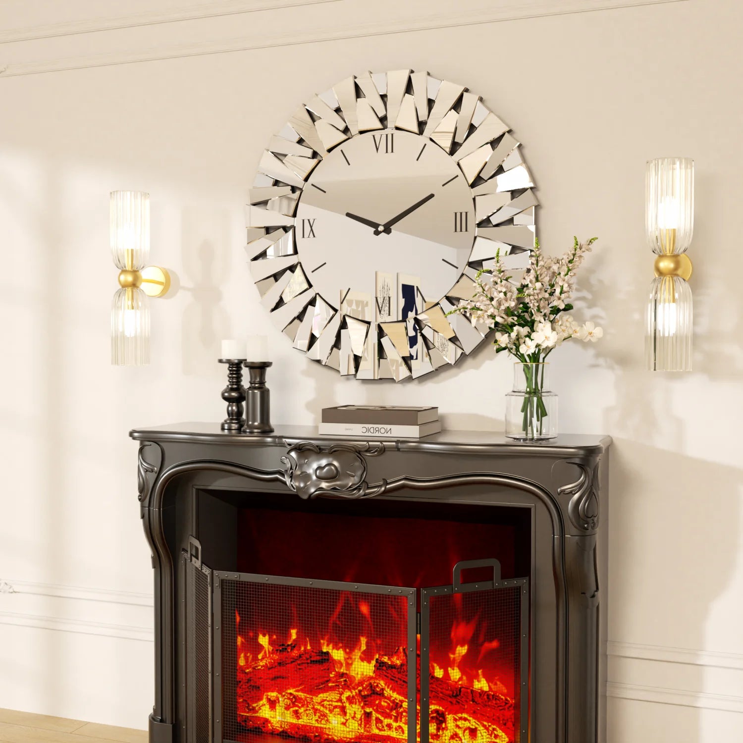 Large Mirrored Wall Clock — Modern Beveled Glass Decor for Living Room