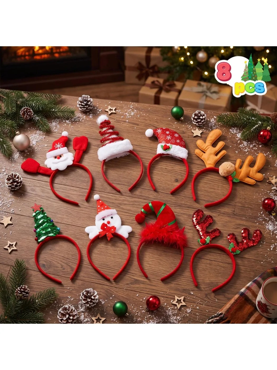 Joyfy Christmas Headband Set — 8 Piece Holiday Party Accessory Kit