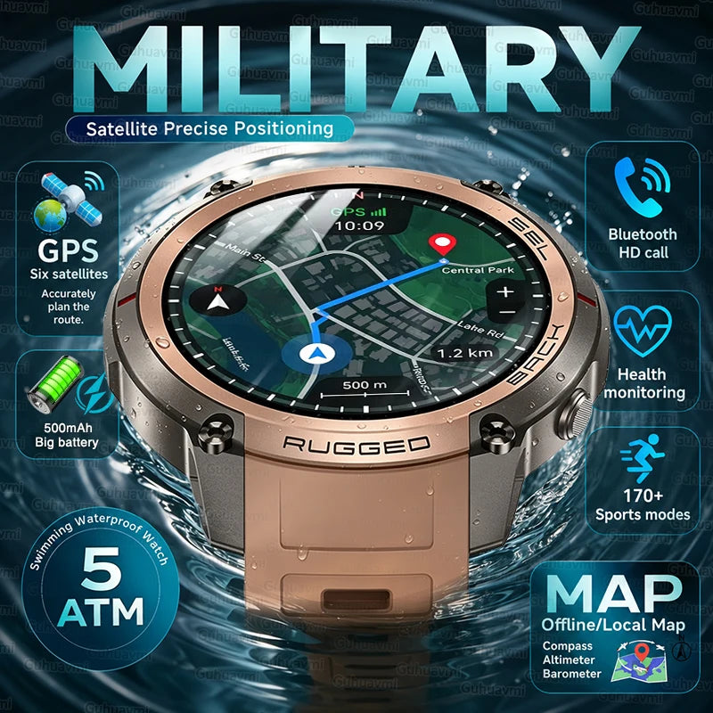 GUHUAVMI Military GPS Smartwatch — Offline Map & 5ATM Waterproof Sports Watch