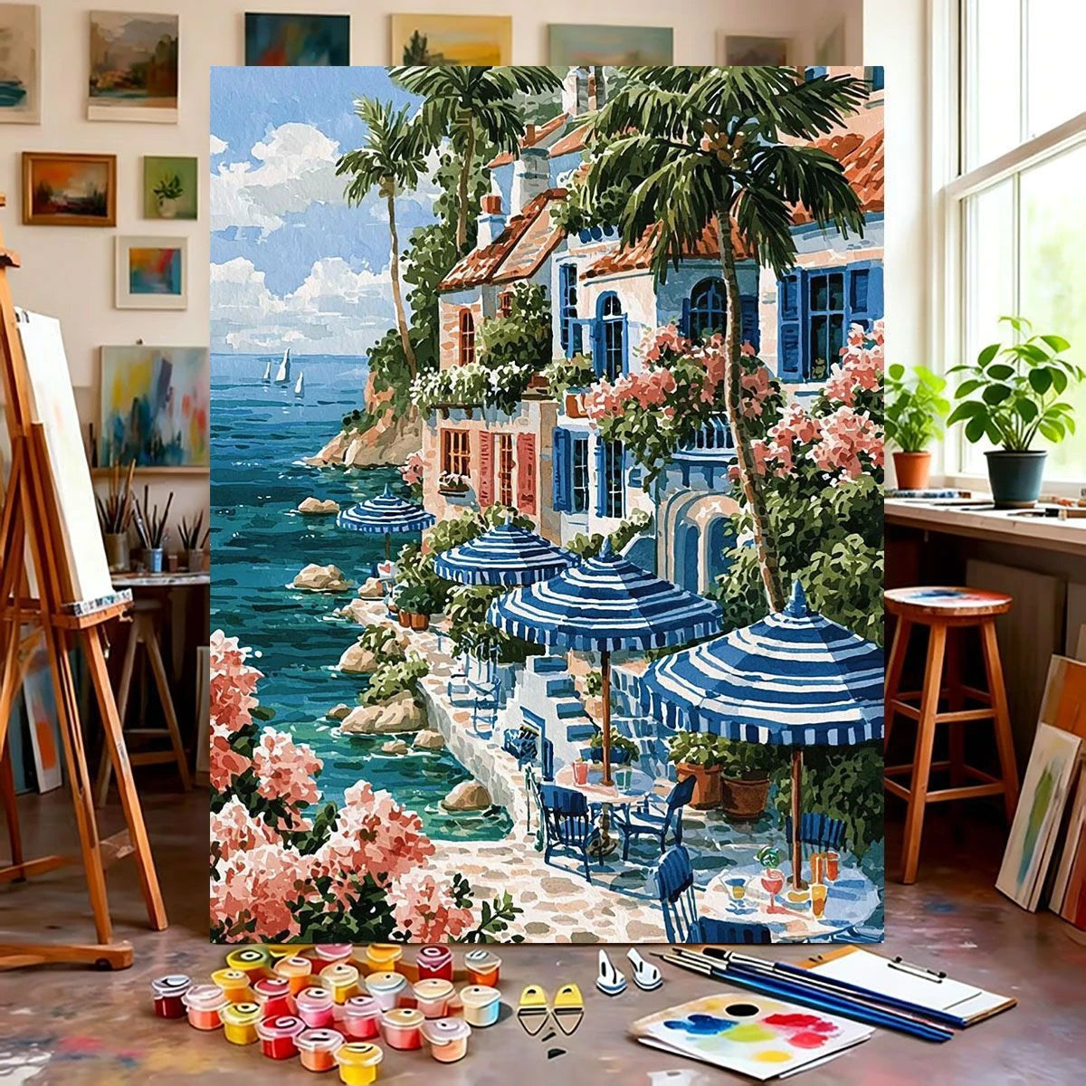 Coastal Town Seascape Paint by Numbers — DIY Canvas Oil Painting Kit