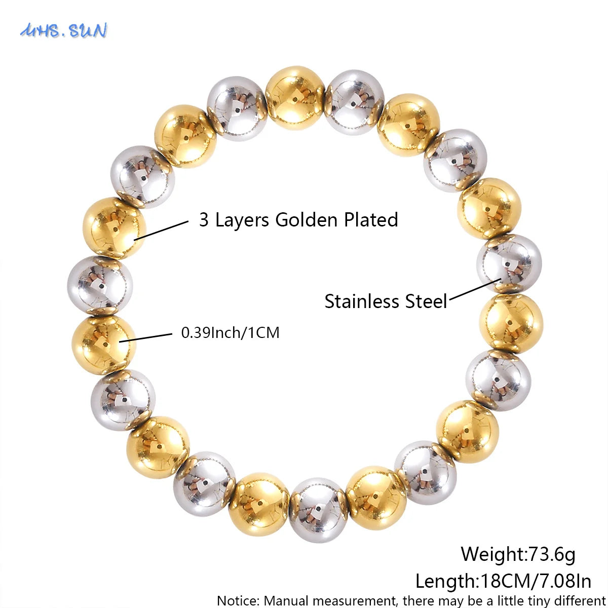 MHS.SUN Stainless Steel Beaded Bracelet — Gold Plated Stackable Jewelry