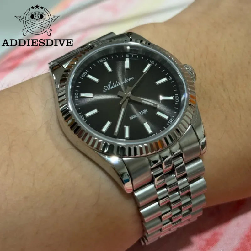 ADDIESDIVE 36mm Men's Quartz Watch — Luminous Jubilee Stainless Steel Strap