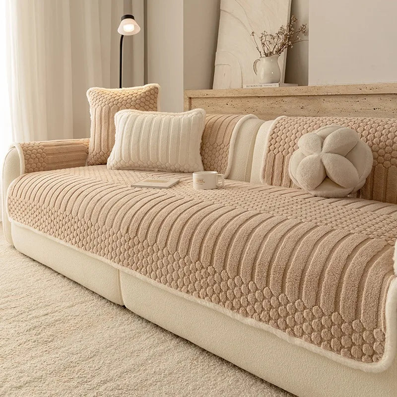 Fluffy Fleece Sofa Cover — Non-Slip Warm Throw for Living Room