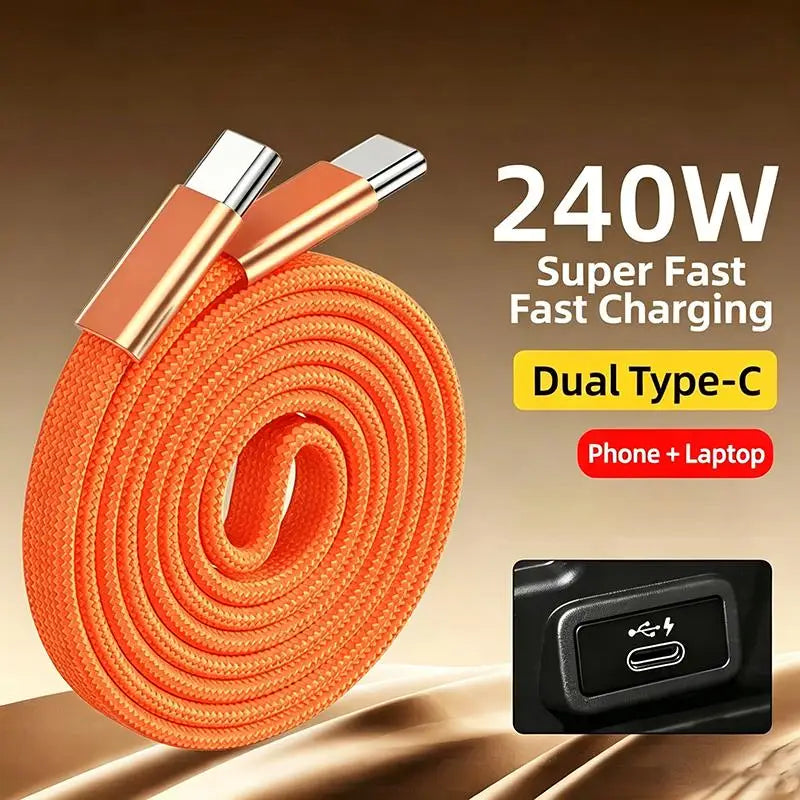 240W USB-C to USB-C Fast Charging Cable — Braided Nylon Cord for Laptops and Phones