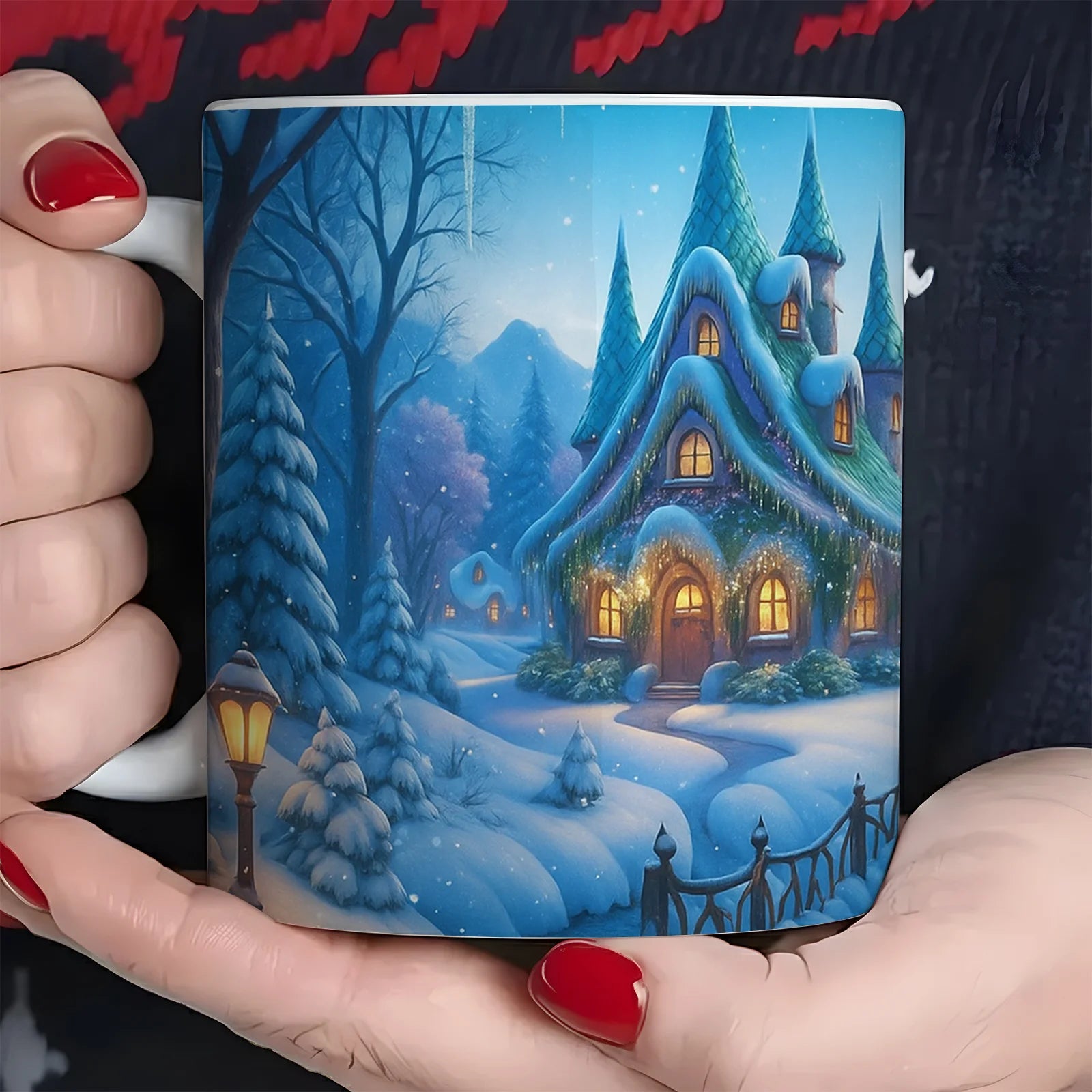 Winter Wonderland Ceramic Mug — Snowy Cottage & River Scene Coffee Cup