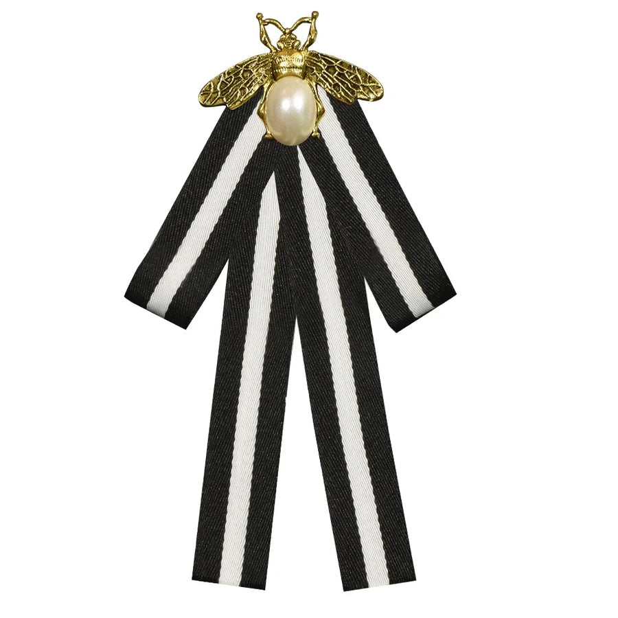 i-Remiel Retro Striped Bow Tie Brooch — Elegant Fabric Ribbon Lapel Pin