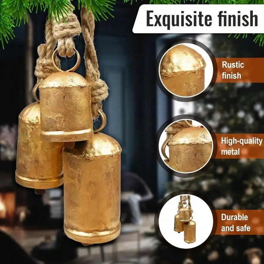 Rustic Gold Christmas Bells — Set of 3 Decorative Holiday Ornaments