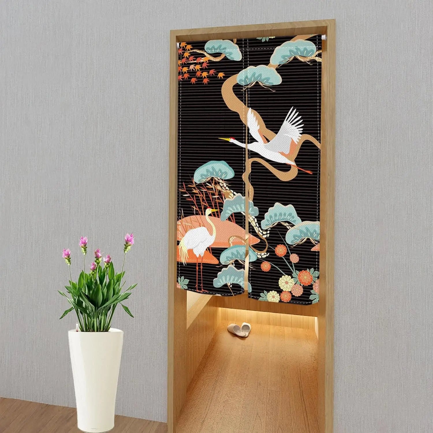 Japanese Style Crane and Flower Doorway Curtain — Decorative Noren Tapestry