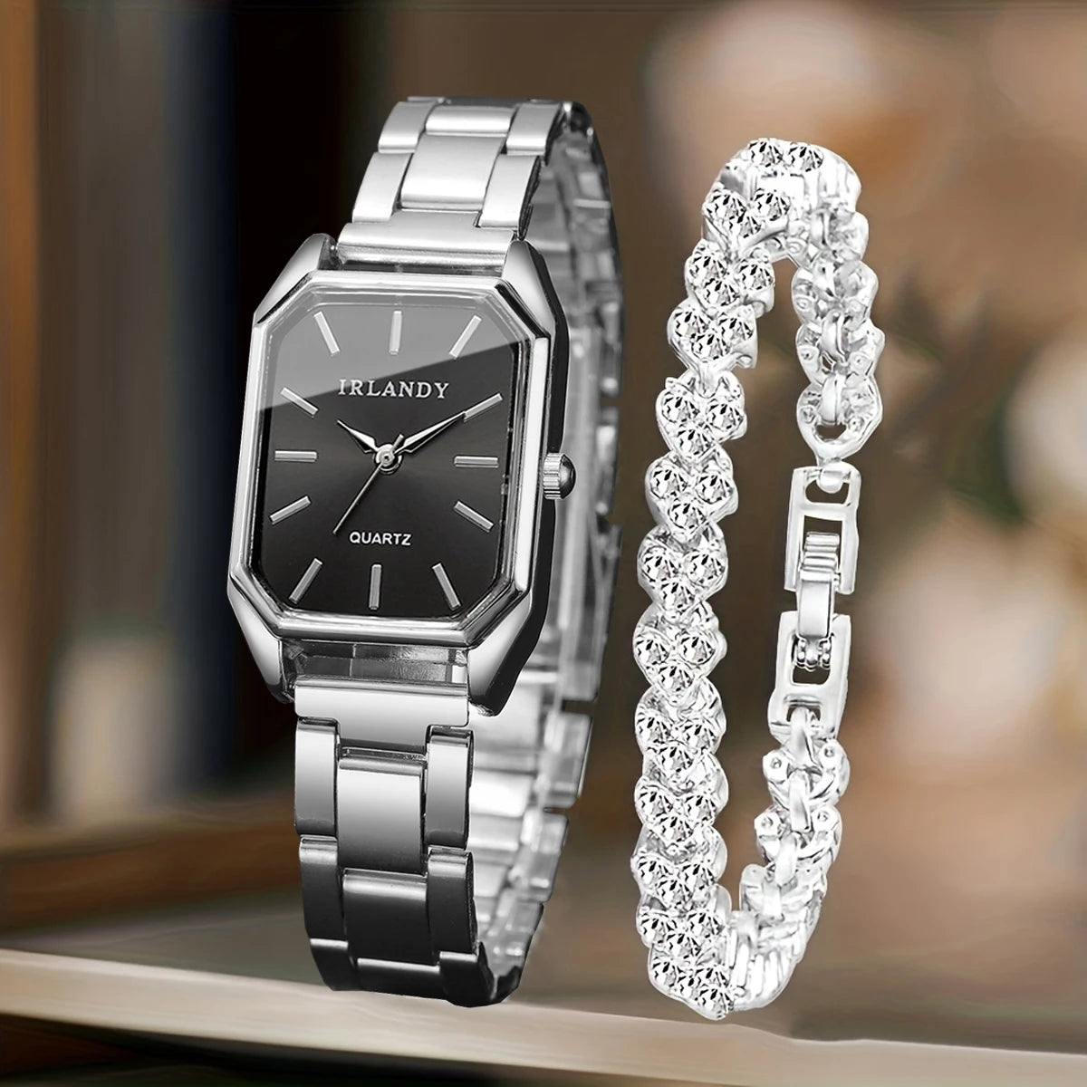 Women's Rectangle Quartz Watch and Rhinestone Bracelet Set — Elegant Jewelry Duo