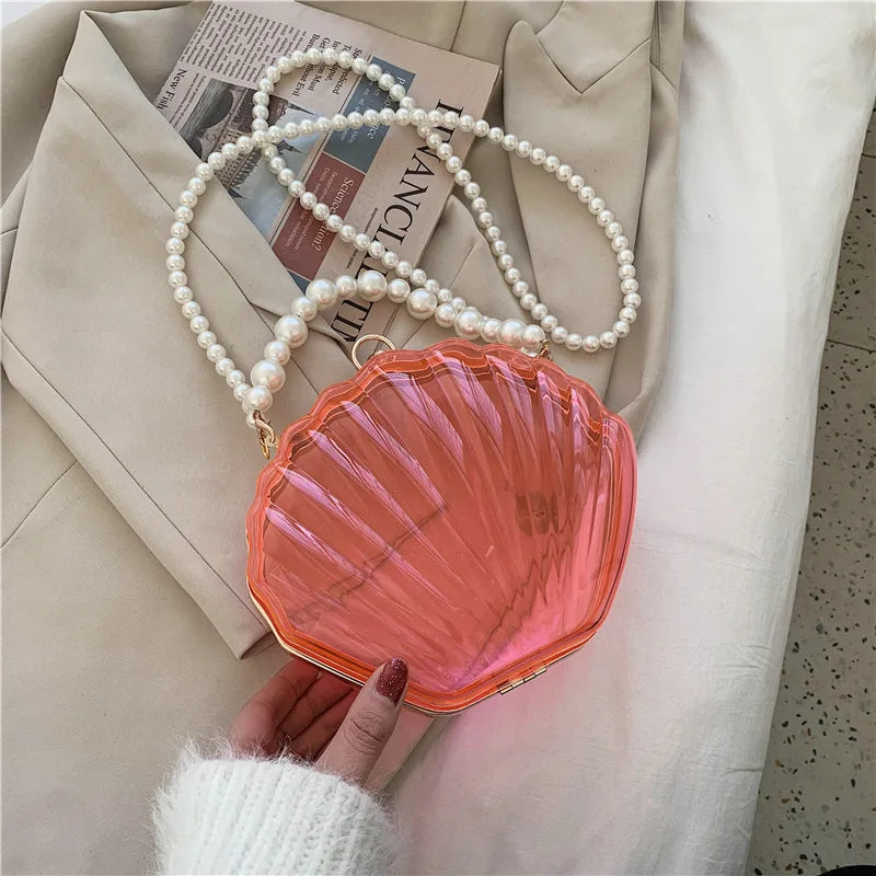 FENJING Transparent Shell Evening Bag — Pearl Chain Clutch & Crossbody Purse