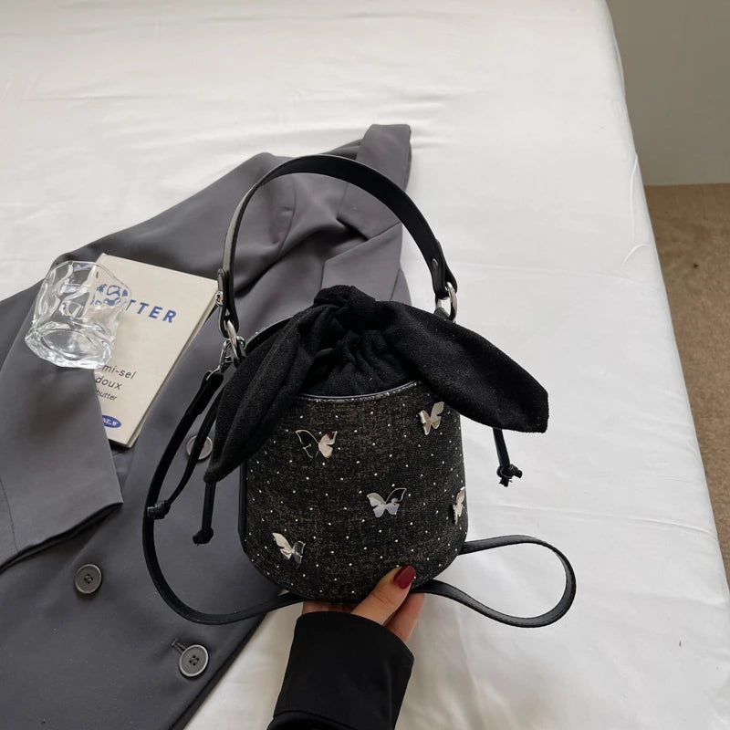 Denim Mini Crossbody Bag — Vintage Butterfly Bucket Handbag