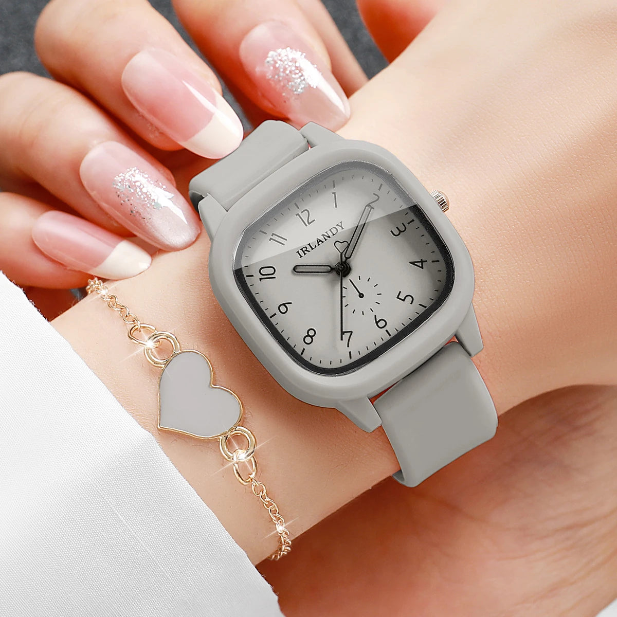 Women's Quartz Watch and Heart Bracelet Set — Square Dial with Silicone Strap