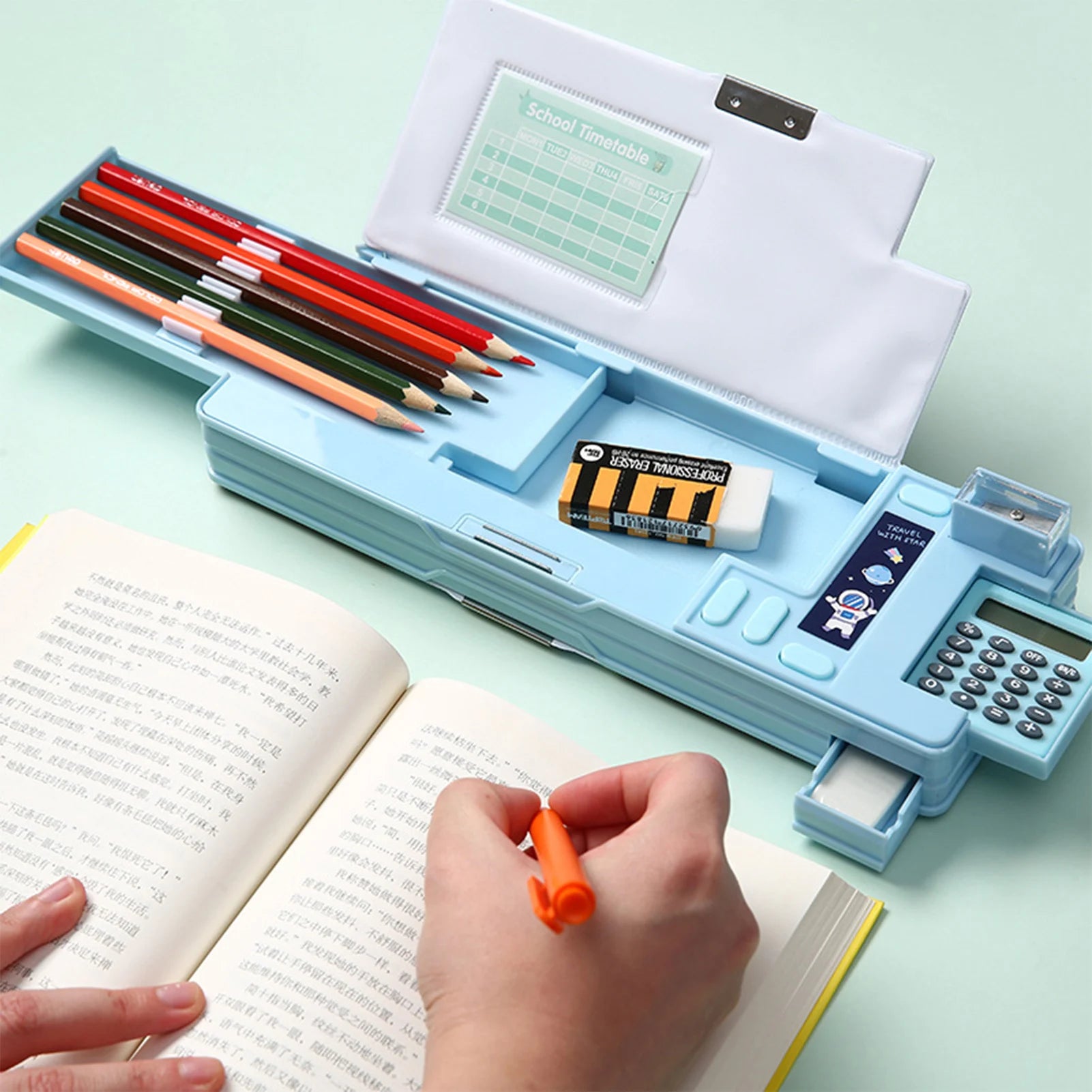 Multifunctional Cartoon Pencil Case — Built-in Calculator & Sharpener
