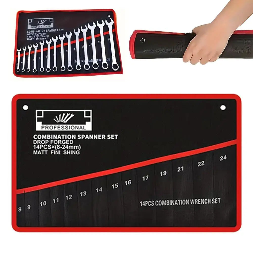 14-Pocket Tool Organizer Roll — Durable Wrench Storage Bag with Handle