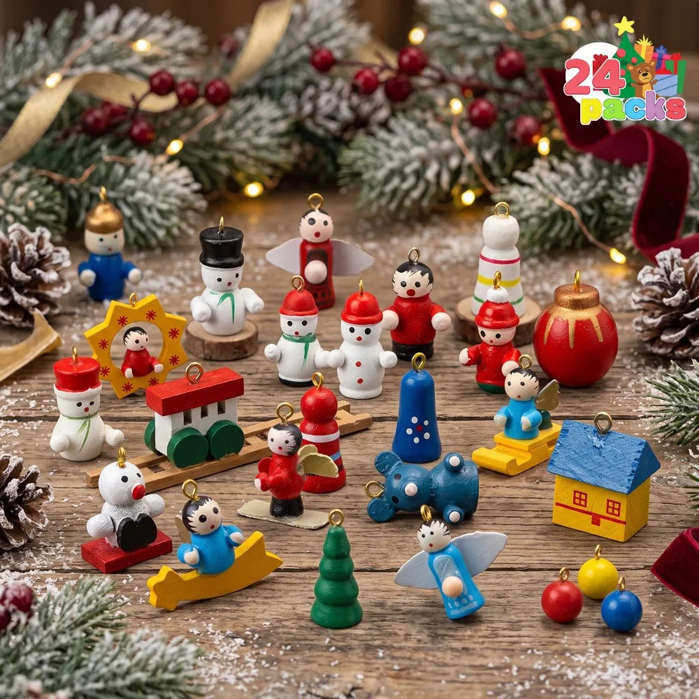 Joyfy Christmas Advent Calendar — Wooden Tabletop Tree with 28 Ornaments