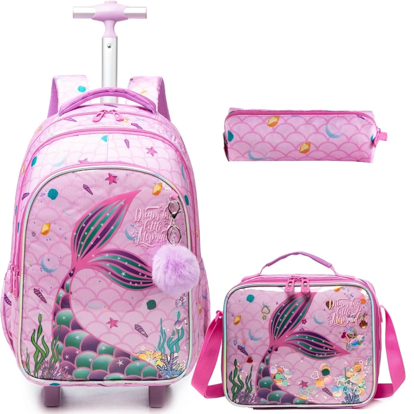Children's Rolling Backpack Set — Wheeled School Bag with Lunch Bag & Pencil Case
