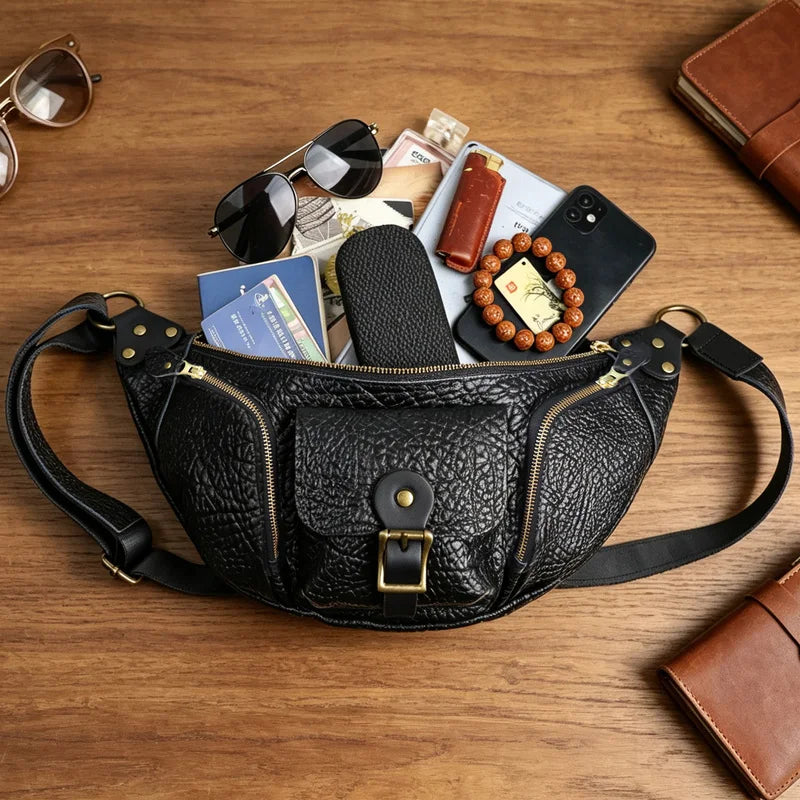 PiBOLES Genuine Leather Chest Bag — Multi-Pocket Crossbody Organizer