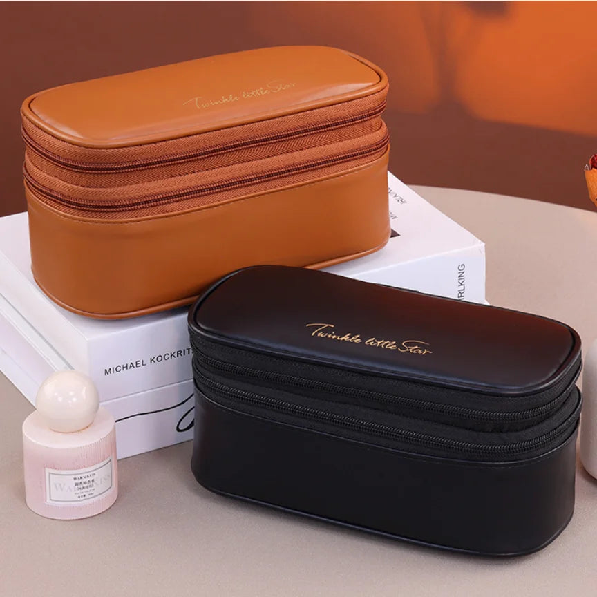 Double Layer Cosmetic Bag — Large Capacity PU Leather Makeup Organizer