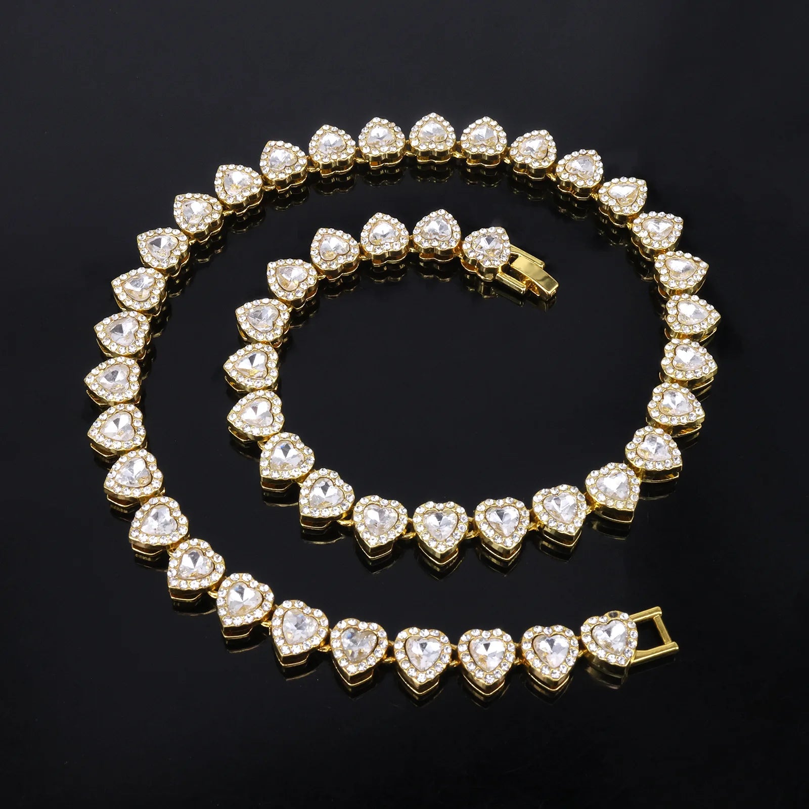 Hip Hop Rhinestone Heart Jewelry Set — Tennis Chain Necklace and Bracelet