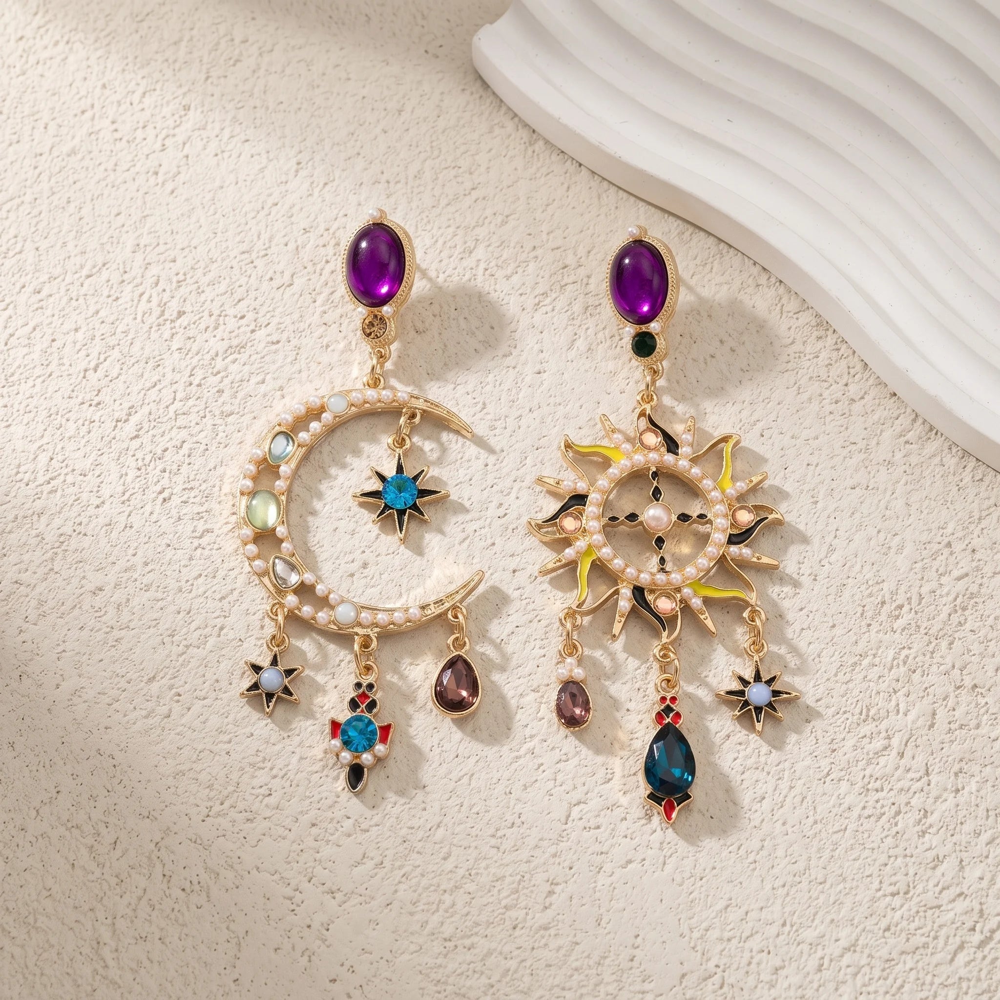 Obega Celestial Sun Moon Star Earrings — Asymmetric Crystal Pearl Dangle Jewelry
