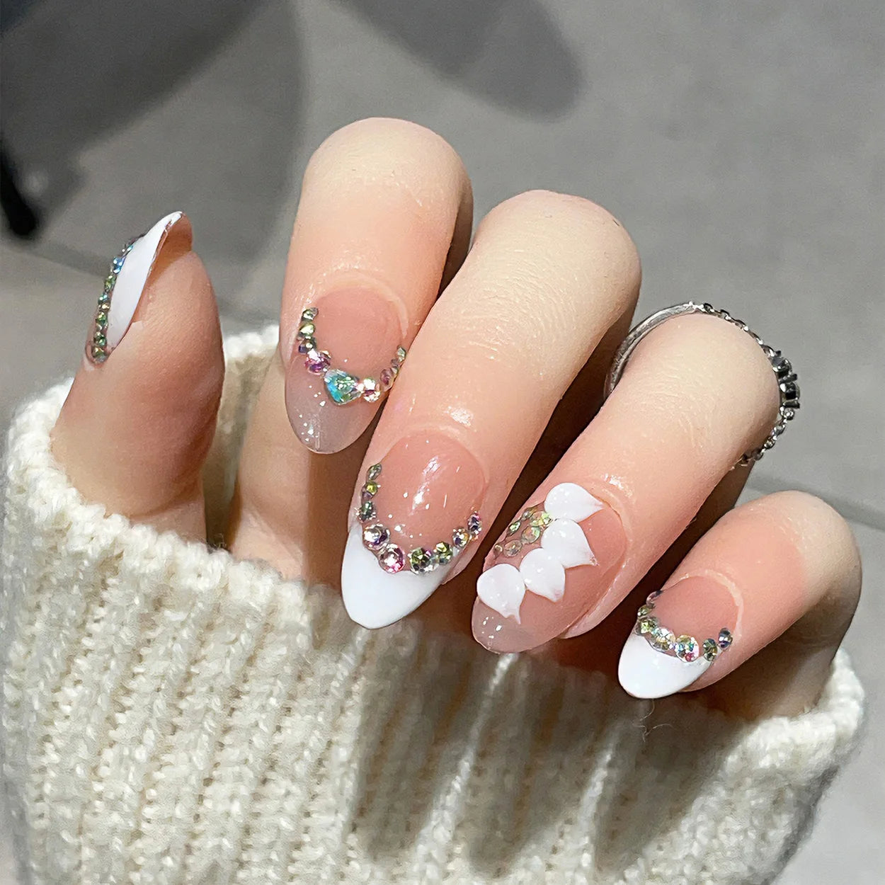 Handmade Short Almond Press On Nails — White and Nude Floral Nail Art Kit