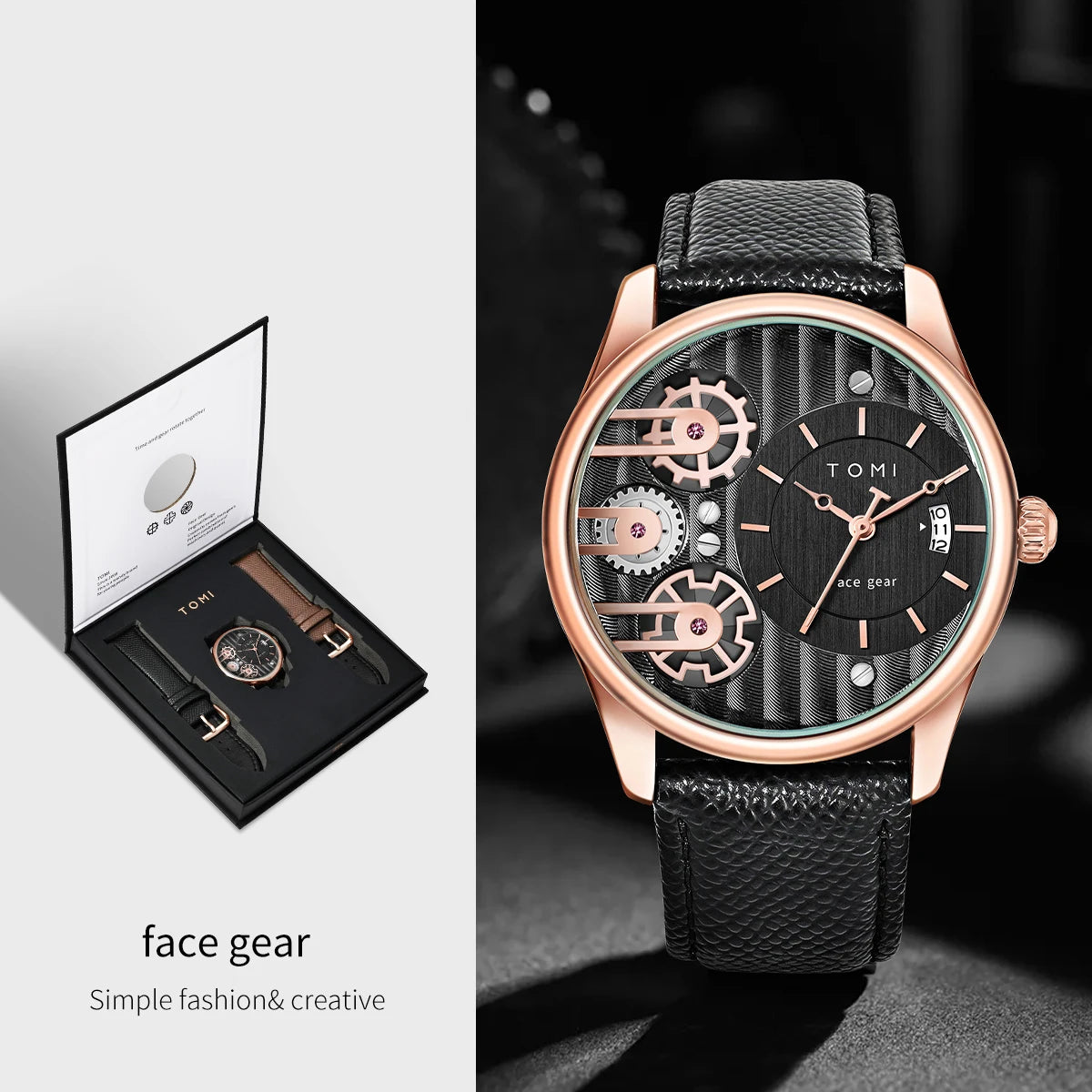 TOMI Men's Luxury Quartz Watch Set — Business Style with Detachable Straps