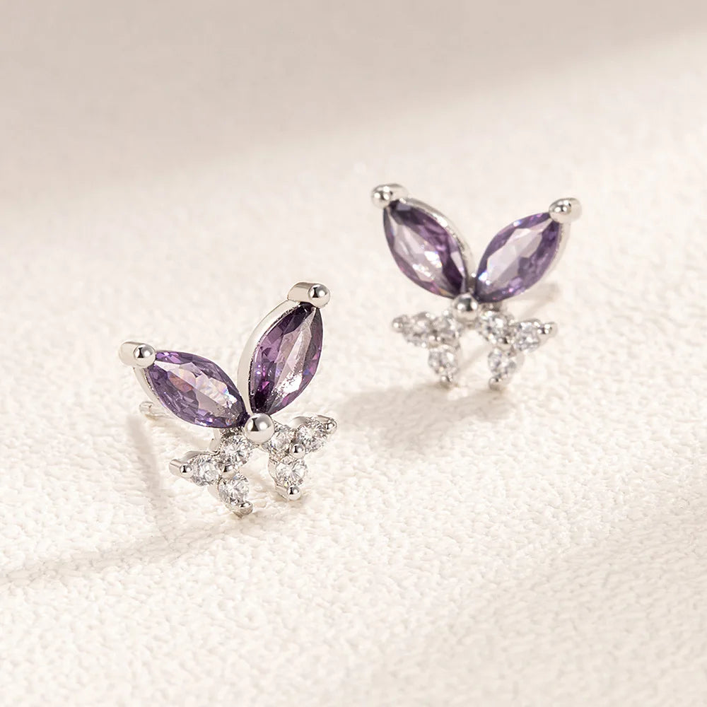 Sterling Silver Butterfly Stud Earrings — Purple Zircon Insect Jewelry