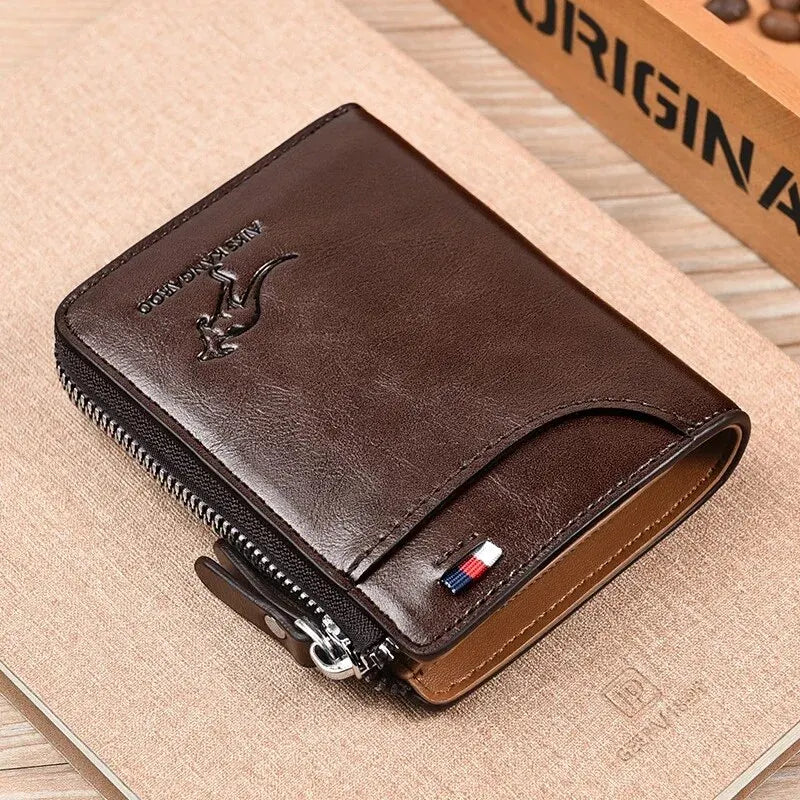 Men's Leather Business Card Holder — Slim Zippered RFID Protection Wallet
