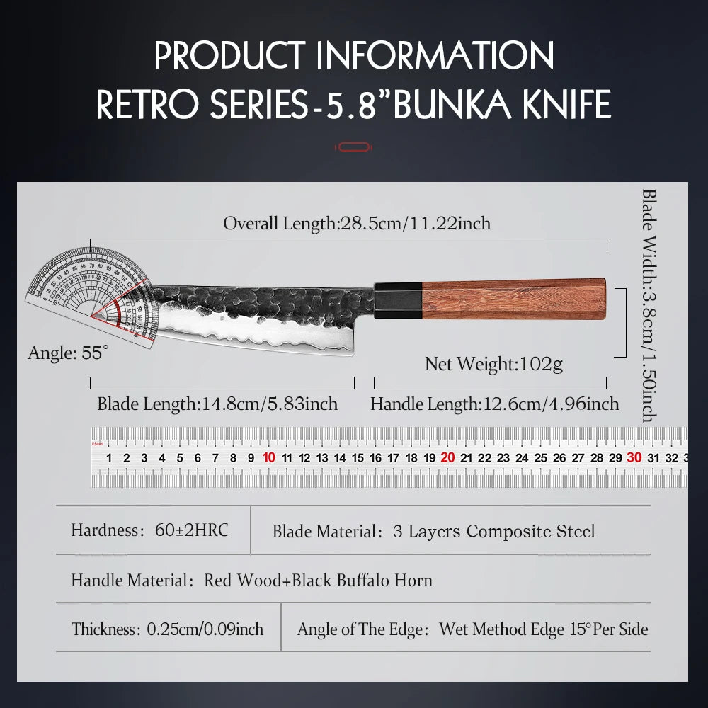 HEZHEN Bunka Knife — 5.8 Inch Professional Chef Knife with Red Wood Handle
