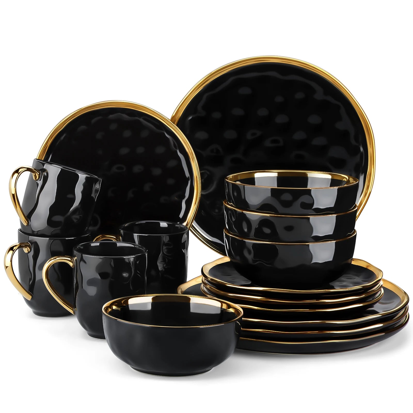 MALACASA Black Porcelain Dinnerware Set — Elegant Gold Trim Tableware