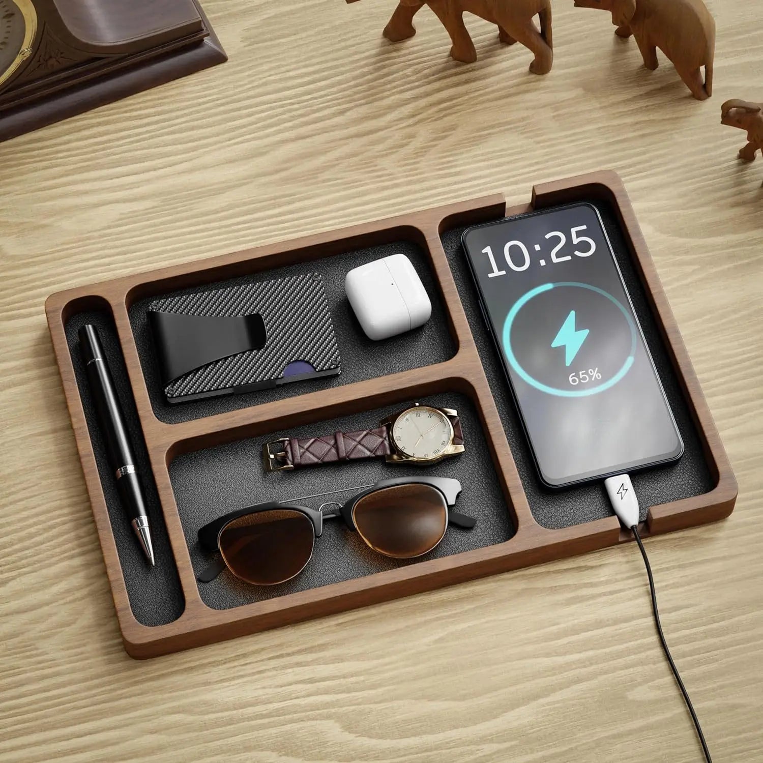 Solid Wood Desktop Storage Box — Multi-Compartment Organizer Tray