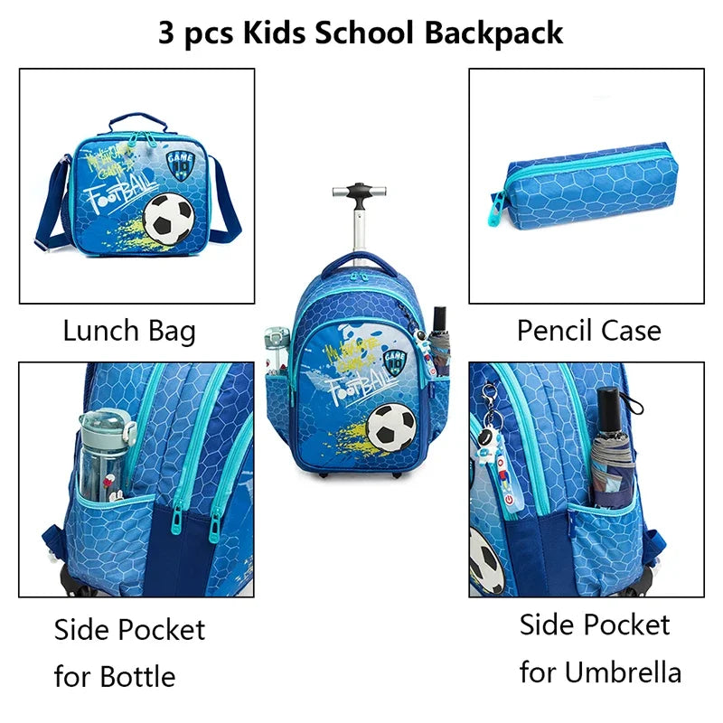 Children's Rolling Backpack Set — Wheeled School Bag with Lunch Bag & Pencil Case