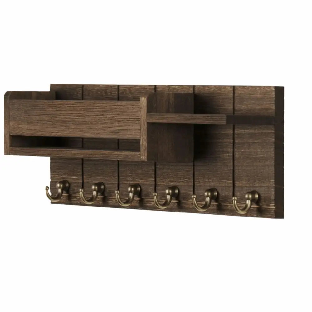 Wooden Wall Mount Key Holder — 6-Hook Organizer with Mail Sorter & Shelf