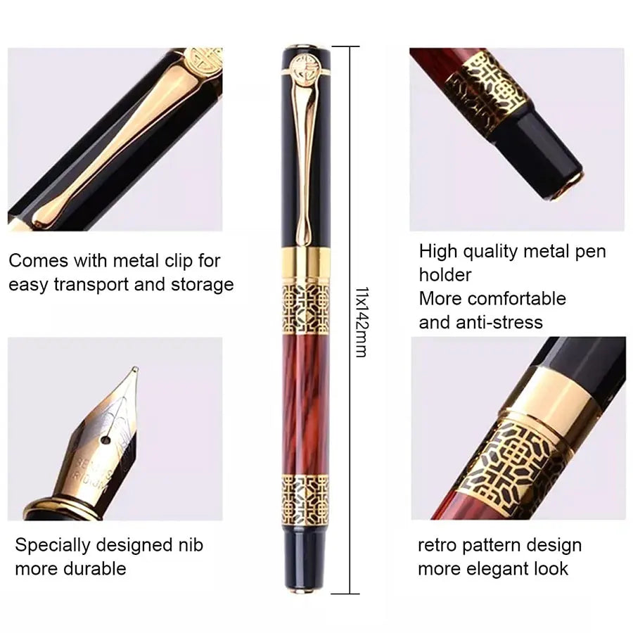Retro Metal Fountain Pen — Elegant Writing Instrument with Wood Texture