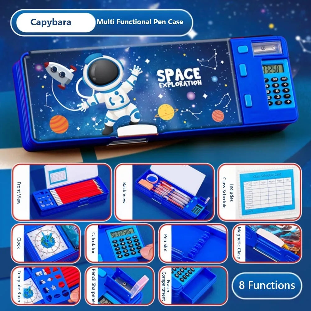 Multifunctional Plastic Pencil Case — Built-in Calculator and Sharpener