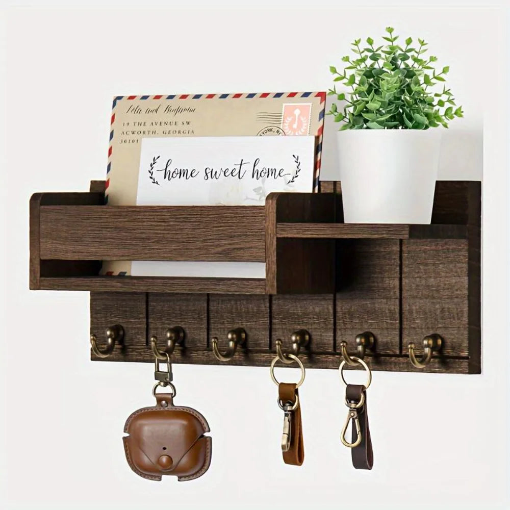 Wooden Wall Mount Key Holder — 6-Hook Organizer with Mail Sorter & Shelf