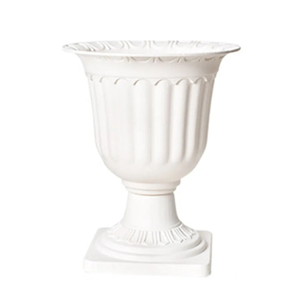 Roman Style Pedestal Flowerpots — Set of 2 White Plastic Planters