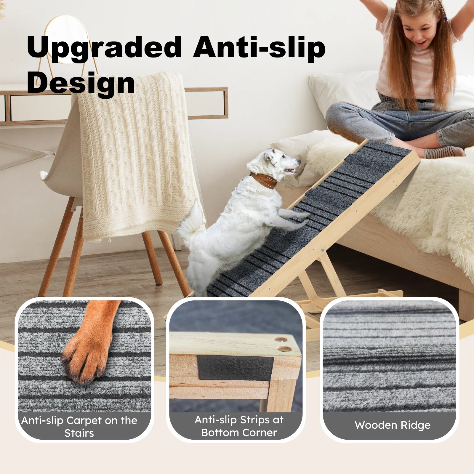 EVOKEDEN Adjustable Pet Ramp — Solid Wood Folding Dog Stairs for Bed & Sofa
