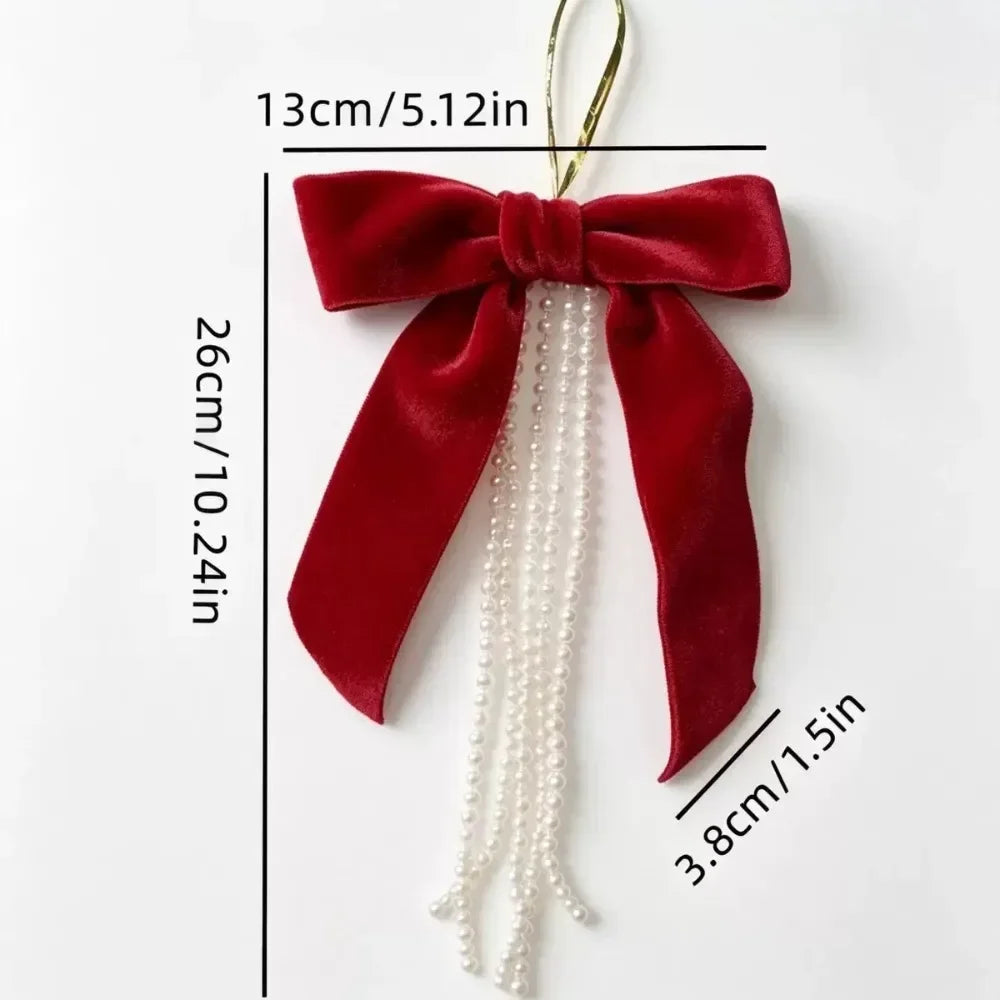 Pearl Flocking Bow Ornament — Festive Holiday Tree Hanging Pendant