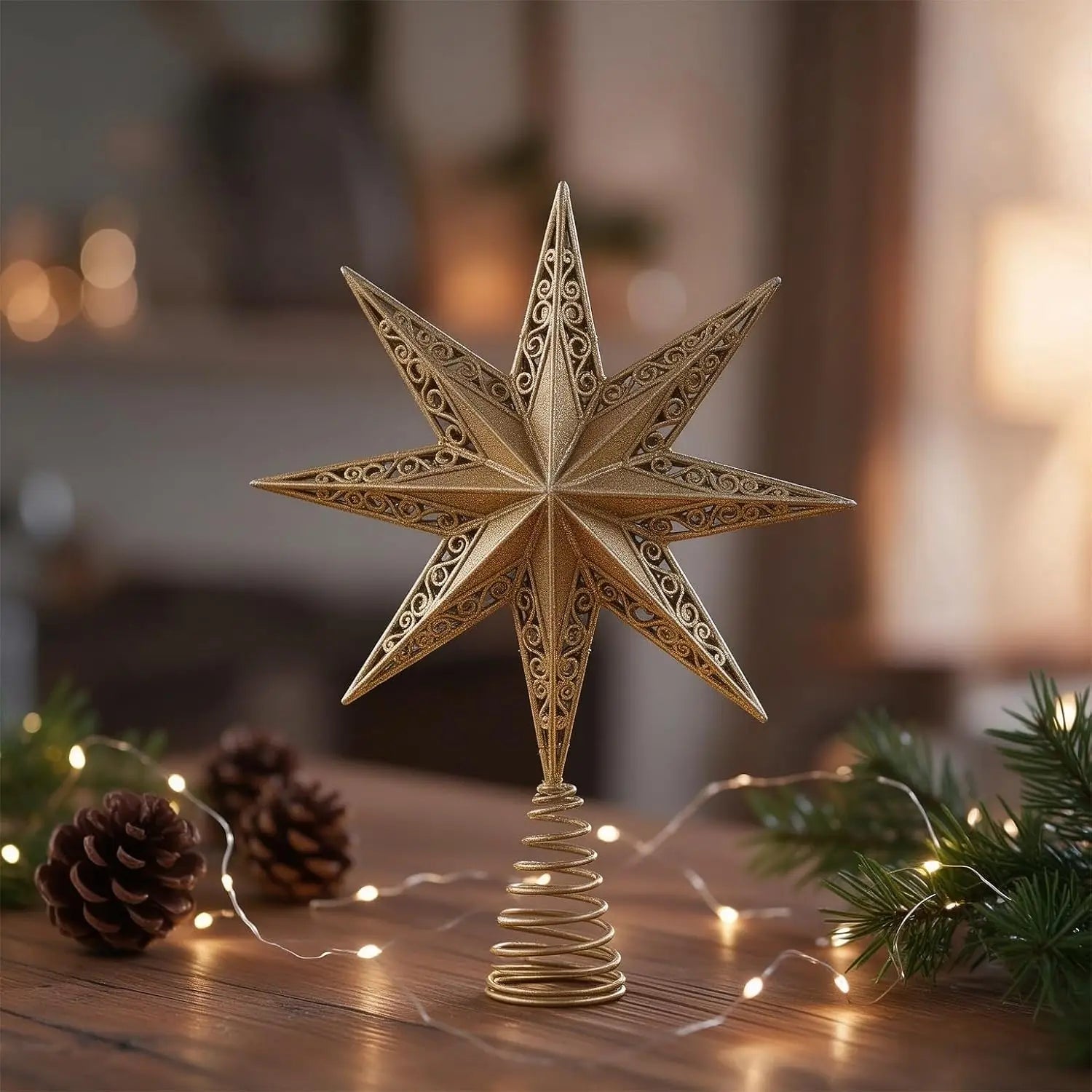 Garvee Golden Star Christmas Tree Topper — Glittering Hollow-Carved Decor
