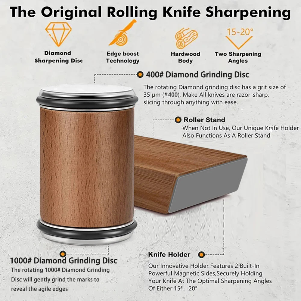 Rolling Knife Sharpener — Double Sided Diamond Stone with Magnetic Angle