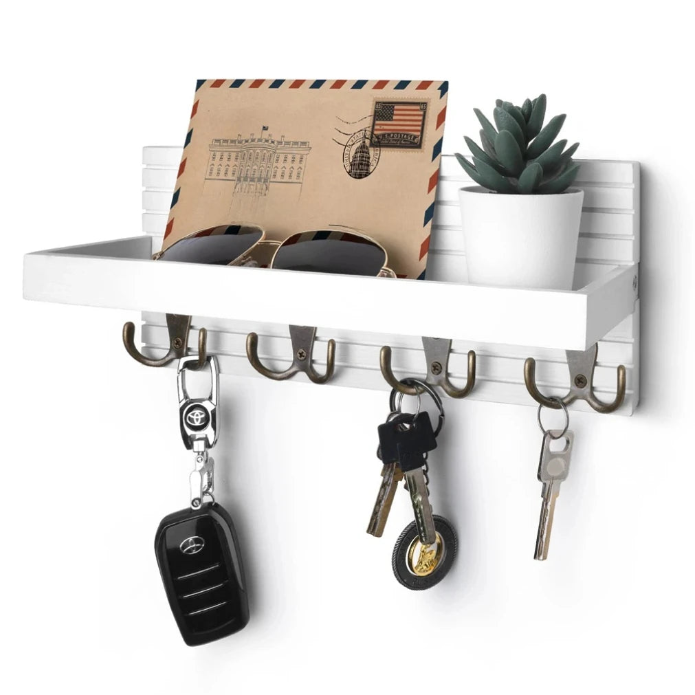 Wooden Wall Mounted Key Holder — Rustic Entryway Organizer with 4 Hooks
