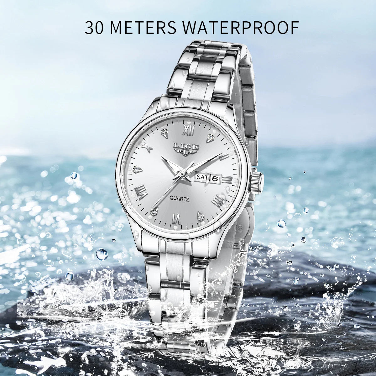Elegant Women's Quartz Watch — Diamond Dial Stainless Steel Wristwatch