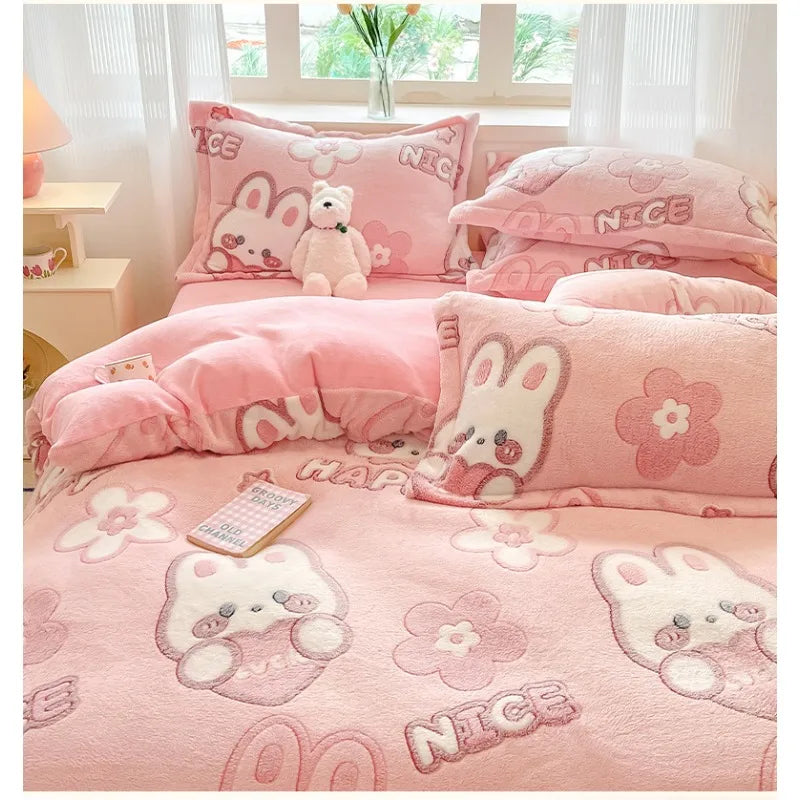 Plush Velvet Bedding Set — Warm Coral Fleece Duvet Cover & Sheet Set