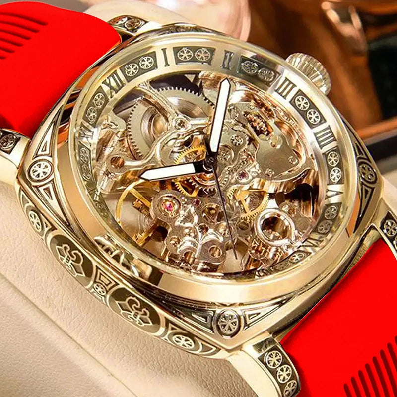 MEIRUIQI Men's Automatic Tourbillon Watch — Luminous Carved Mechanical Timepiece
