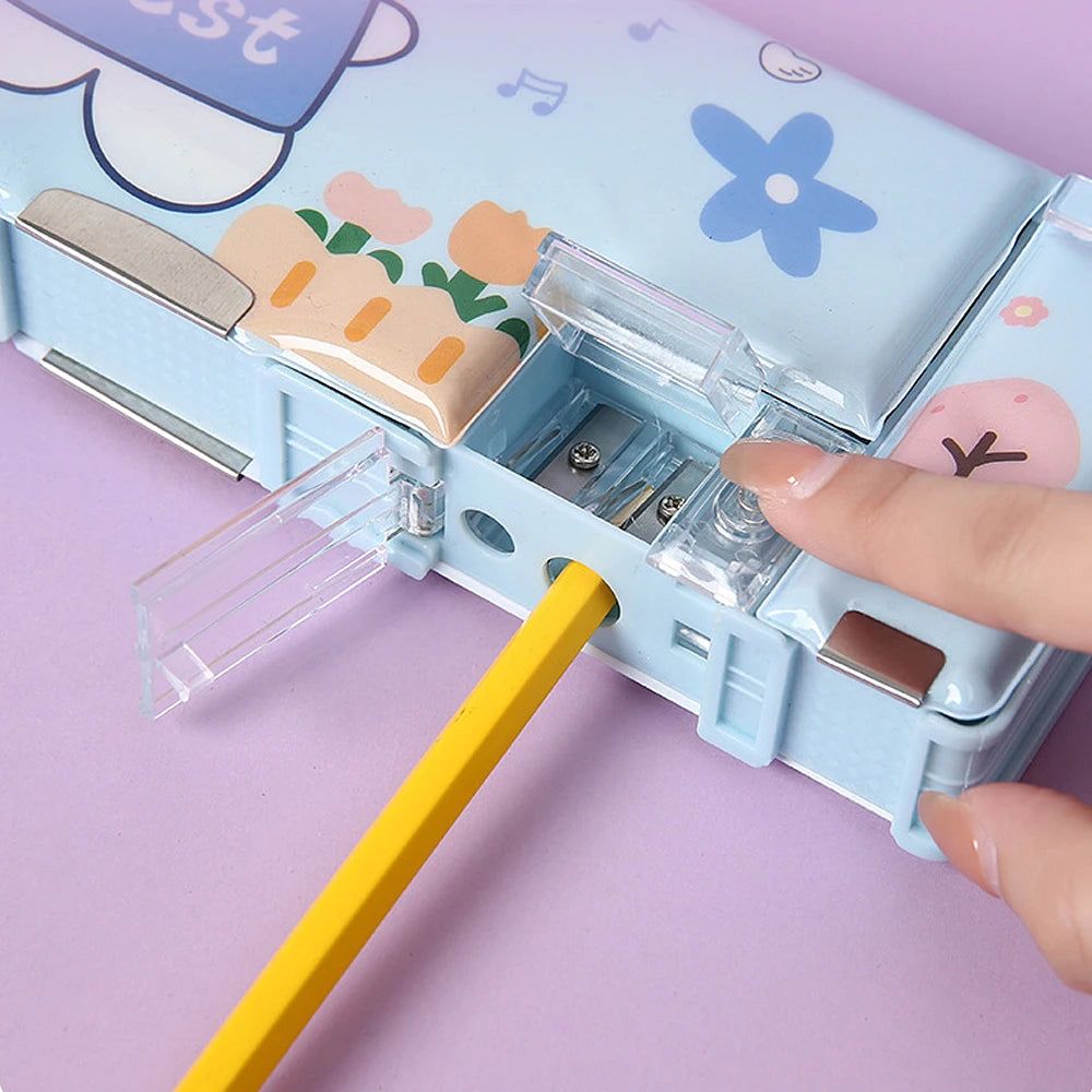 Cartoon Double-Sided Pencil Case — Automatic Stationery Box with Sharpener