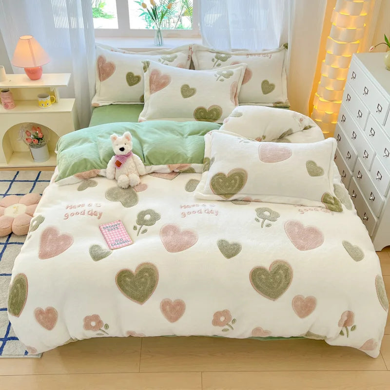 Plush Velvet Bedding Set — Warm Coral Fleece Duvet Cover & Sheet Set